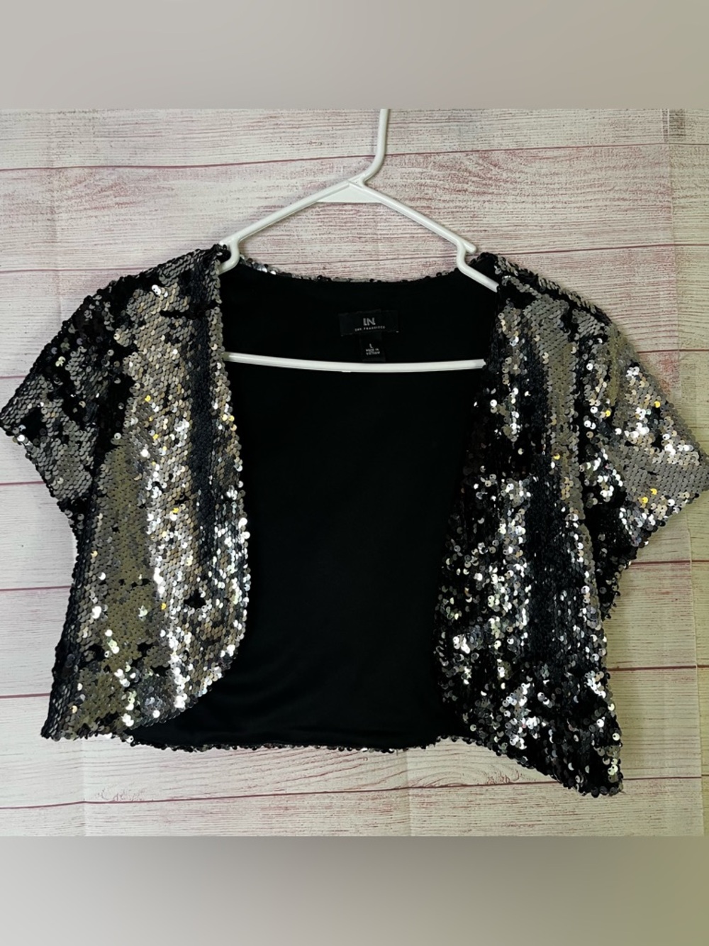 I.N. San Francisco Black Silver Sequin Bolero Shrug Jacket Size Large